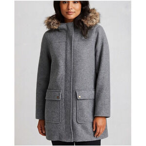 J.CREW Vail Faux Fur Parka Coat Size 2 Hooded Peacoat Grey Classic Preppy Twee